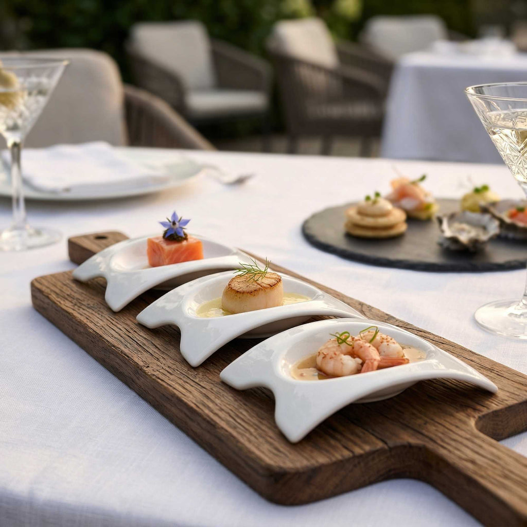 Chef 101 Rectangle White Porcelain Mini Concavo Dish - 4" x 3" x 3/4" - 10 count box