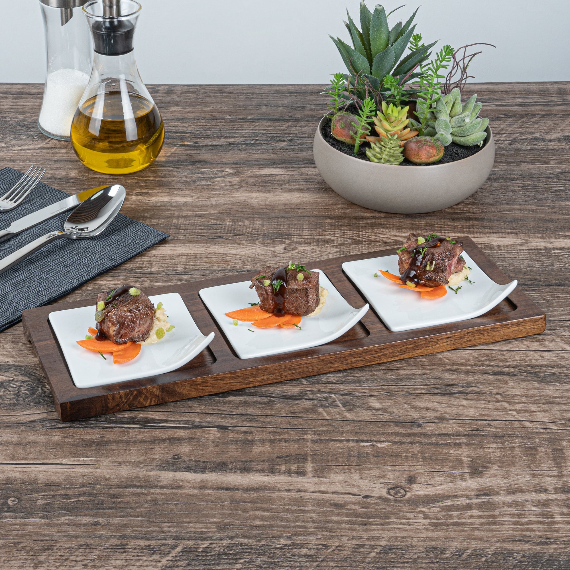 Chef 101 Rectangle White Porcelain Modern Flat Plate Set - 3 Plates, Bamboo Tray - 14 1/4" x 5" x 1 1/2" - 1 count box