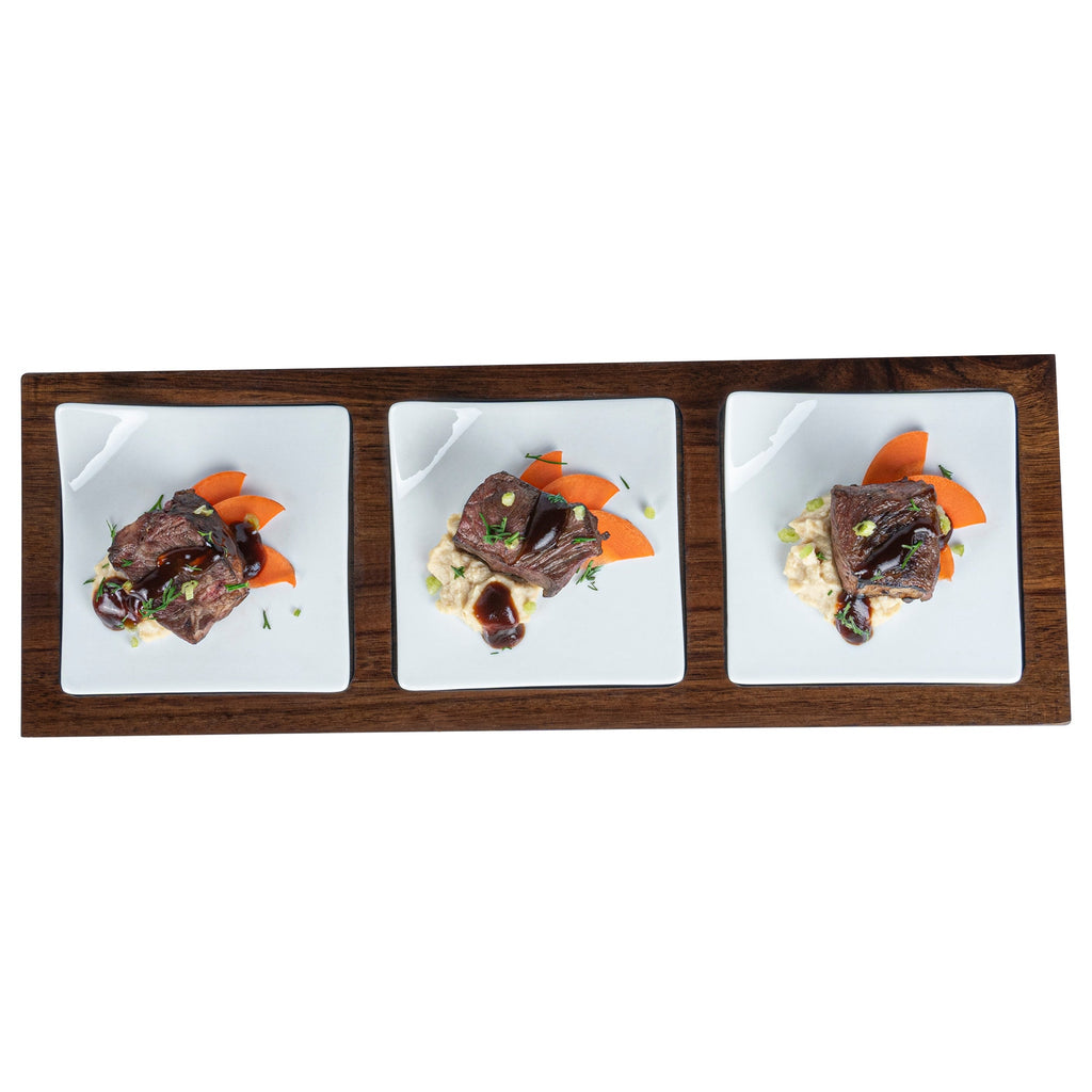 Chef 101 Rectangle White Porcelain Modern Flat Plate Set - 3 Plates, Bamboo Tray - 14 1/4" x 5" x 1 1/2" - 1 count box