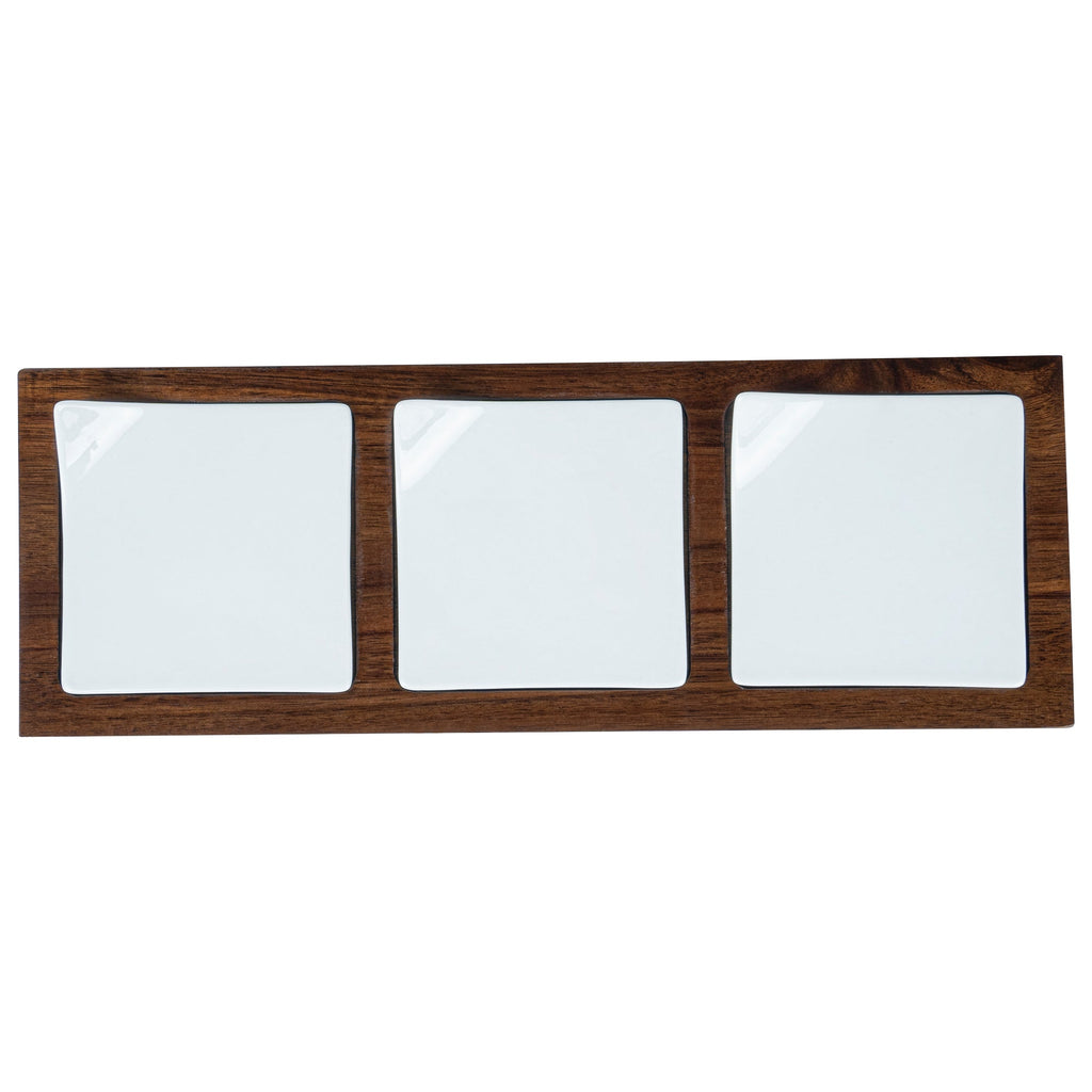Chef 101 Rectangle White Porcelain Modern Flat Plate Set - 3 Plates, Bamboo Tray - 14 1/4" x 5" x 1 1/2" - 1 count box