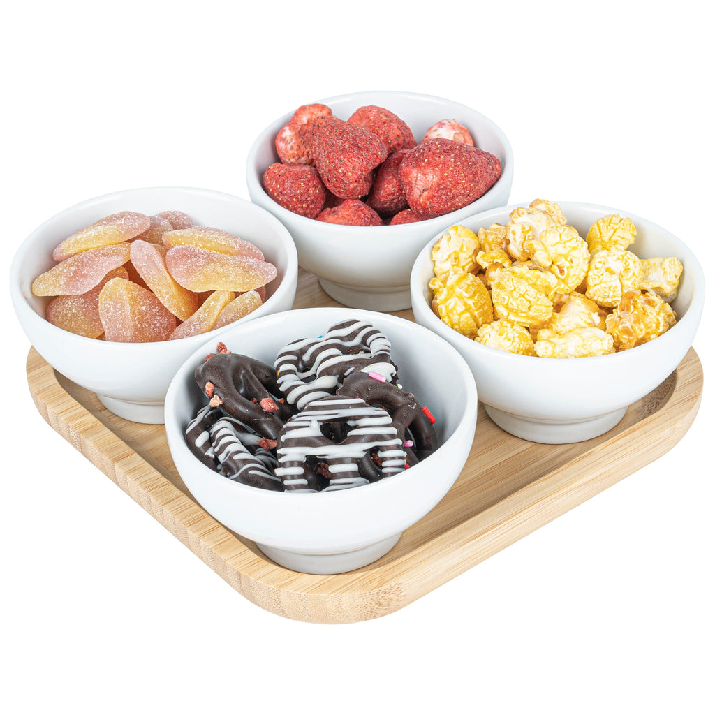 Chef 101 20 oz Rectangle White Porcelain Coppa Bowl Set - 4 Bowls, Bamboo Tray - 7" x 7" x 2 1/4" - 1 count box