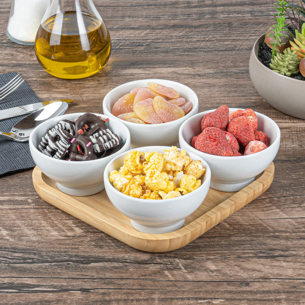 Chef 101 20 oz Rectangle White Porcelain Coppa Bowl Set - 4 Bowls, Bamboo Tray - 7" x 7" x 2 1/4" - 1 count box