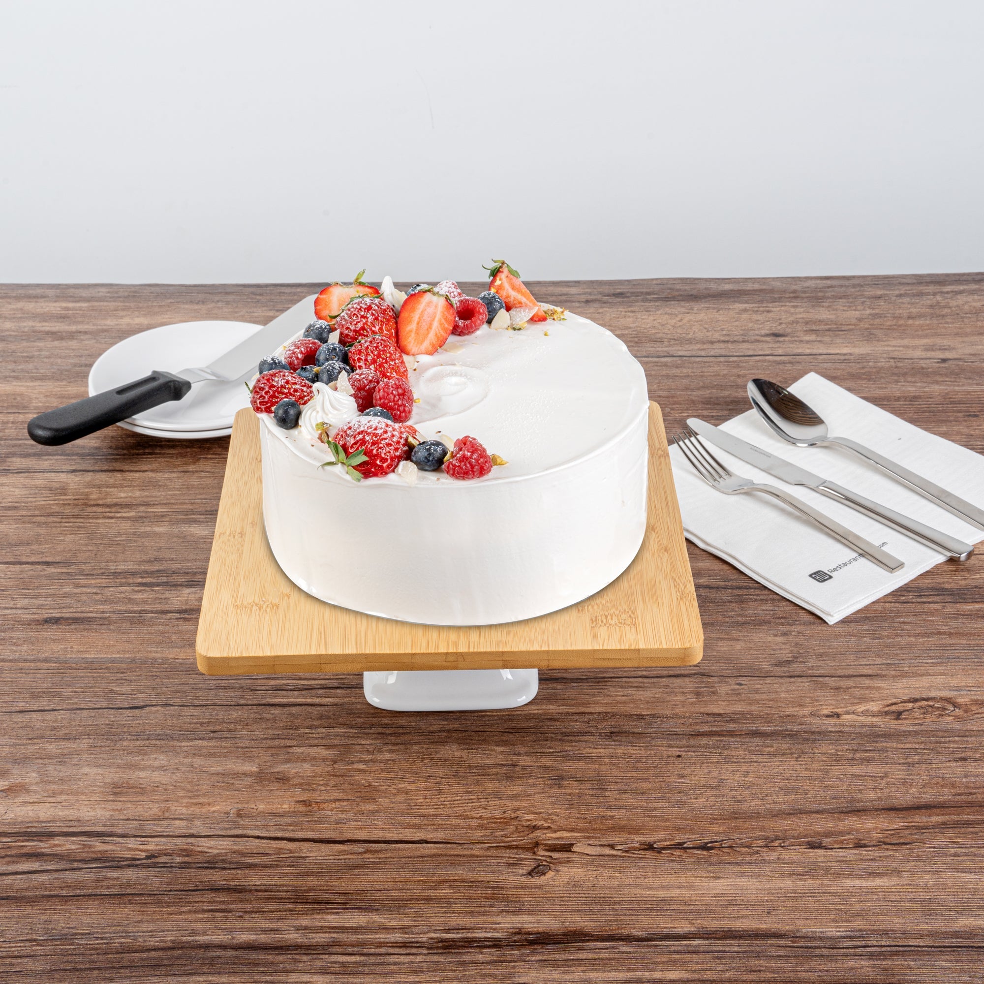 Chef 101 Hamptons Square Bamboo Serving Stand - with Porcelain Base - 9 3/4" x 9 3/4" x 4" - 1 count box