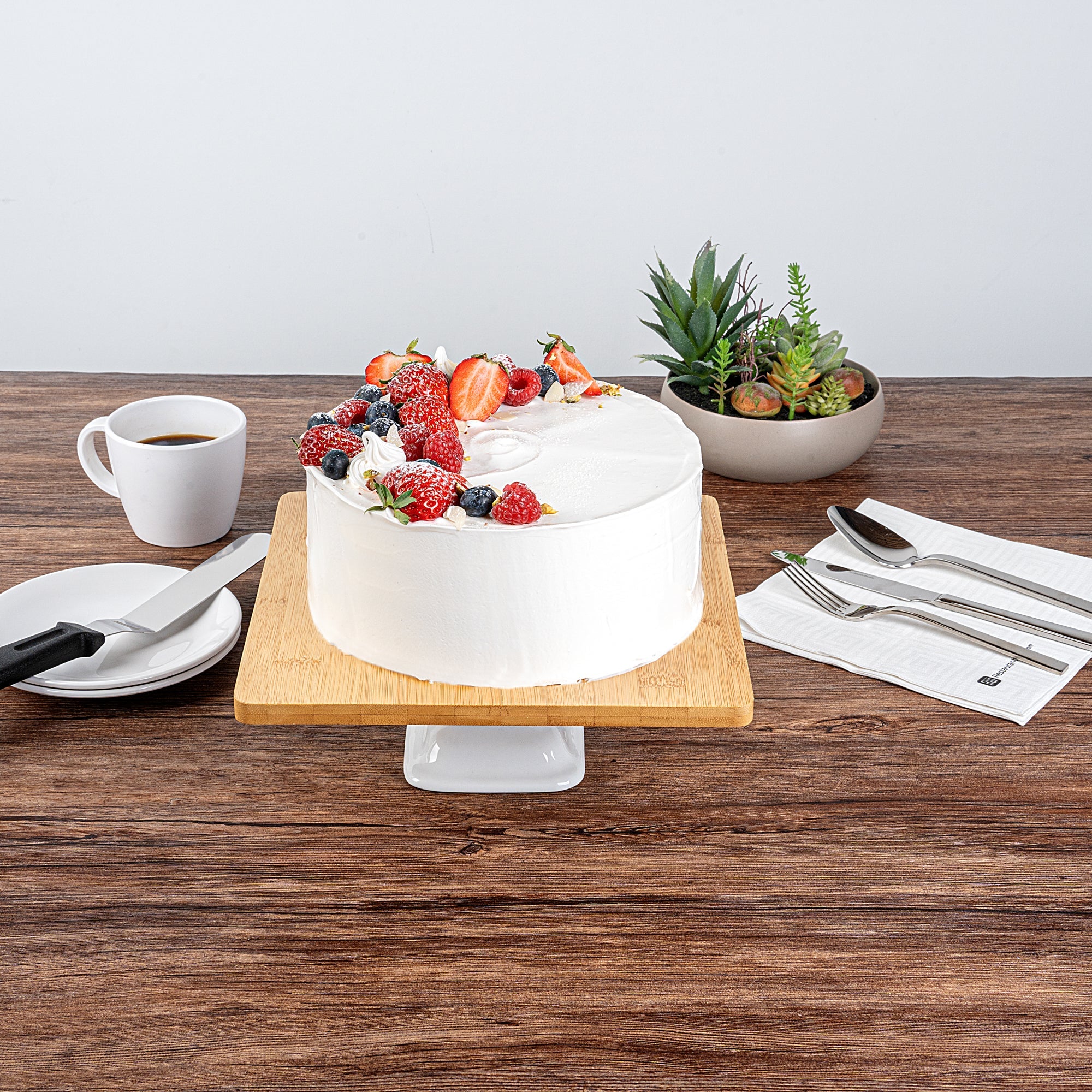 Chef 101 Hamptons Square Bamboo Serving Stand - with Porcelain Base - 9 3/4" x 9 3/4" x 4" - 1 count box