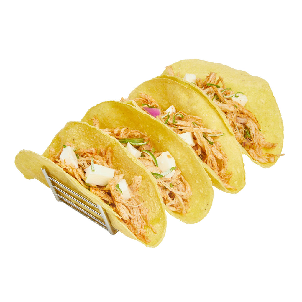 Met Lux Rectangle Silver Stainless Steel Quattro Taco Rack Stand - 4 Tacos - 7" x 2 1/2" x 1 1/2" - 1 count box