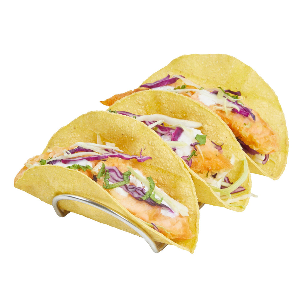 Met Lux Rectangle Silver Stainless Steel Triplo Taco Rack Stand - 3 Tacos - 6 3/4" x 3 1/4" x 1 1/2" - 1 count box