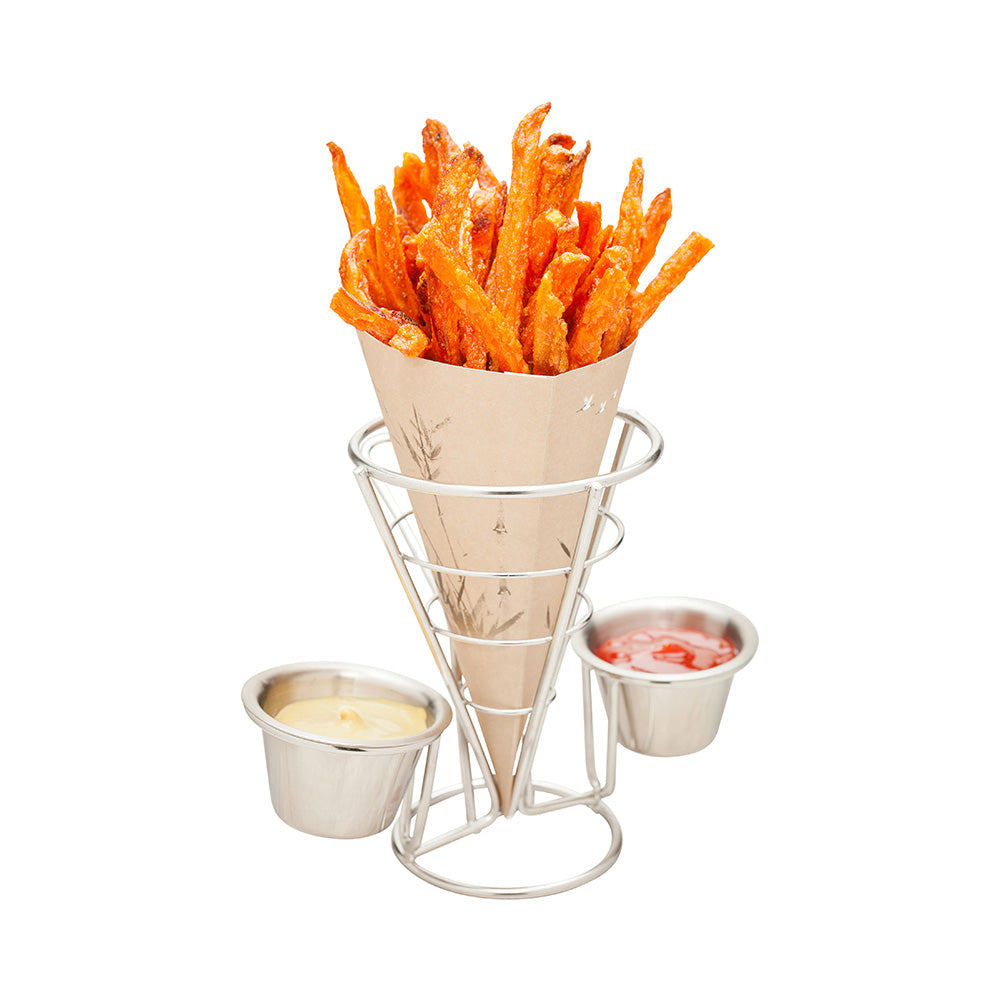 Cone Tek Silver Stainless Steel Singolo Cone Stand - 2 Sauce Holders - 4" x 4" x 5 1/2" - 1 count box