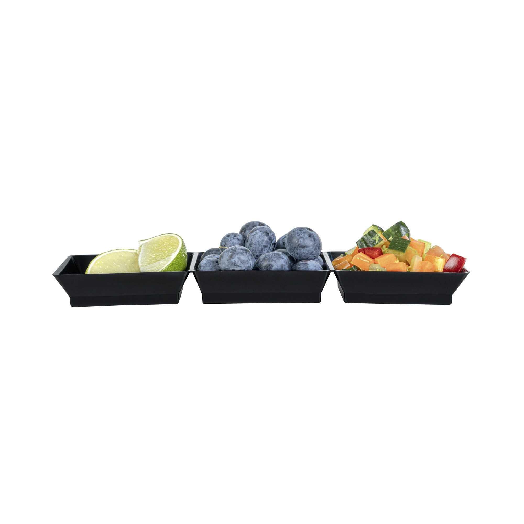 Mini Serve Rectangle Black Plastic Terzetto Mini Plate - 3 Compartments - 7 1/2" x 2 1/2" x 1/2" - 100 count box