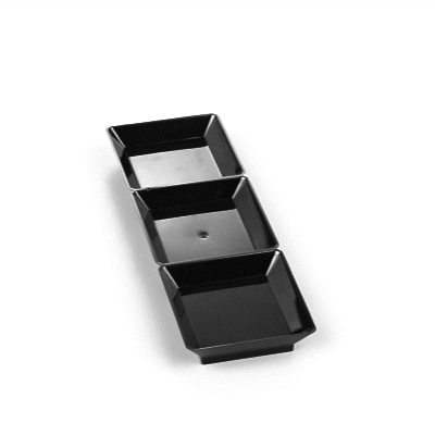 Mini Serve Rectangle Black Plastic Terzetto Mini Plate - 3 Compartments - 7 1/2" x 2 1/2" x 1/2" - 100 count box