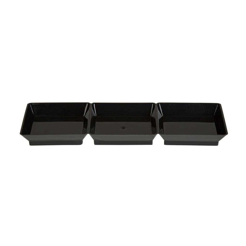 Mini Serve Rectangle Black Plastic Terzetto Mini Plate - 3 Compartments - 7 1/2" x 2 1/2" x 1/2" - 100 count box