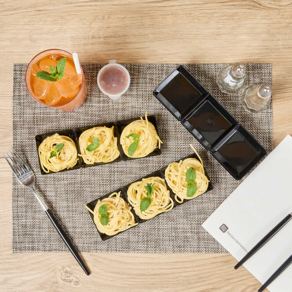 Mini Serve Rectangle Black Plastic Terzetto Mini Plate - 3 Compartments - 7 1/2" x 2 1/2" x 1/2" - 100 count box