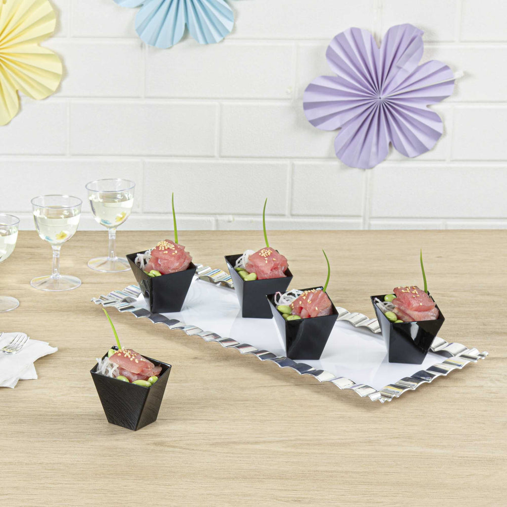 Mini Serve 2 oz Square Black Plastic Girata Dessert Dish - 2" x 2" x 1 3/4" - 100 count box