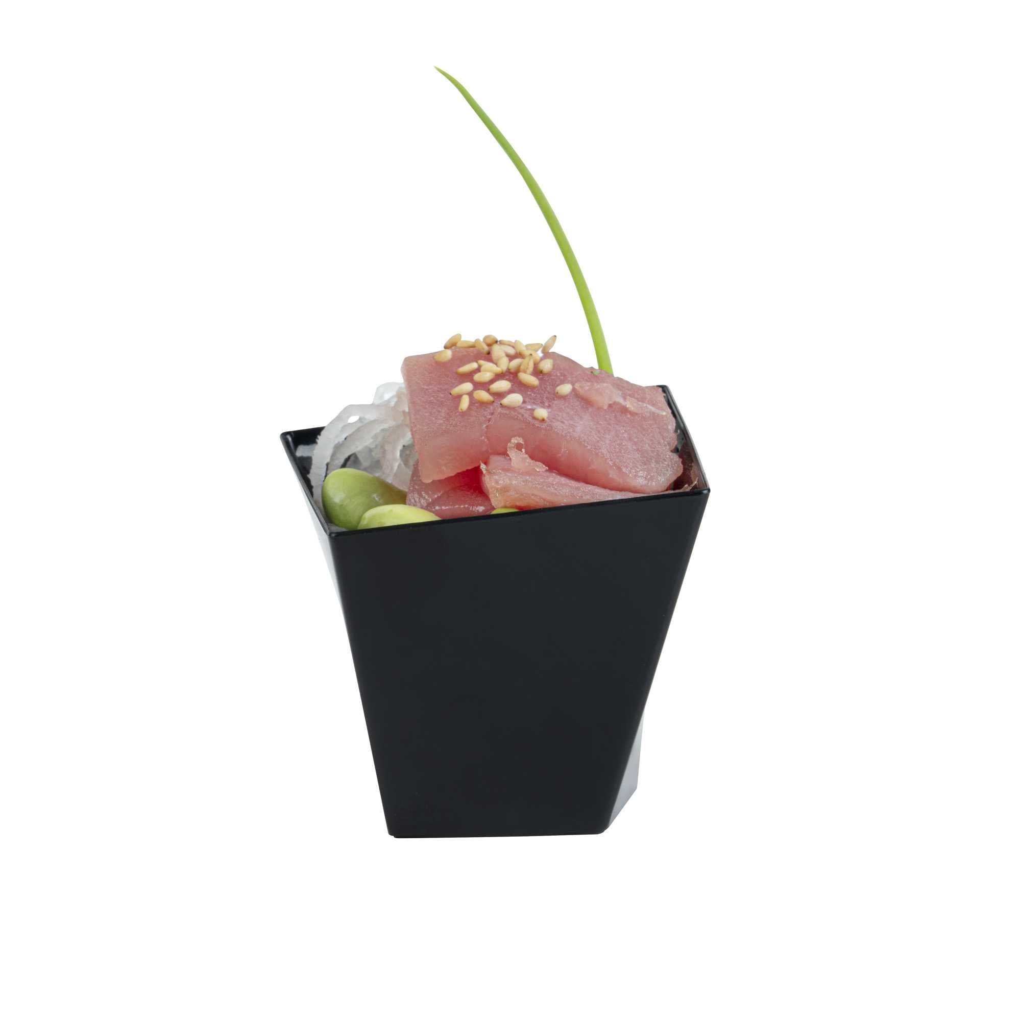 Mini Serve 2 oz Square Black Plastic Girata Dessert Dish - 2" x 2" x 1 3/4" - 100 count box