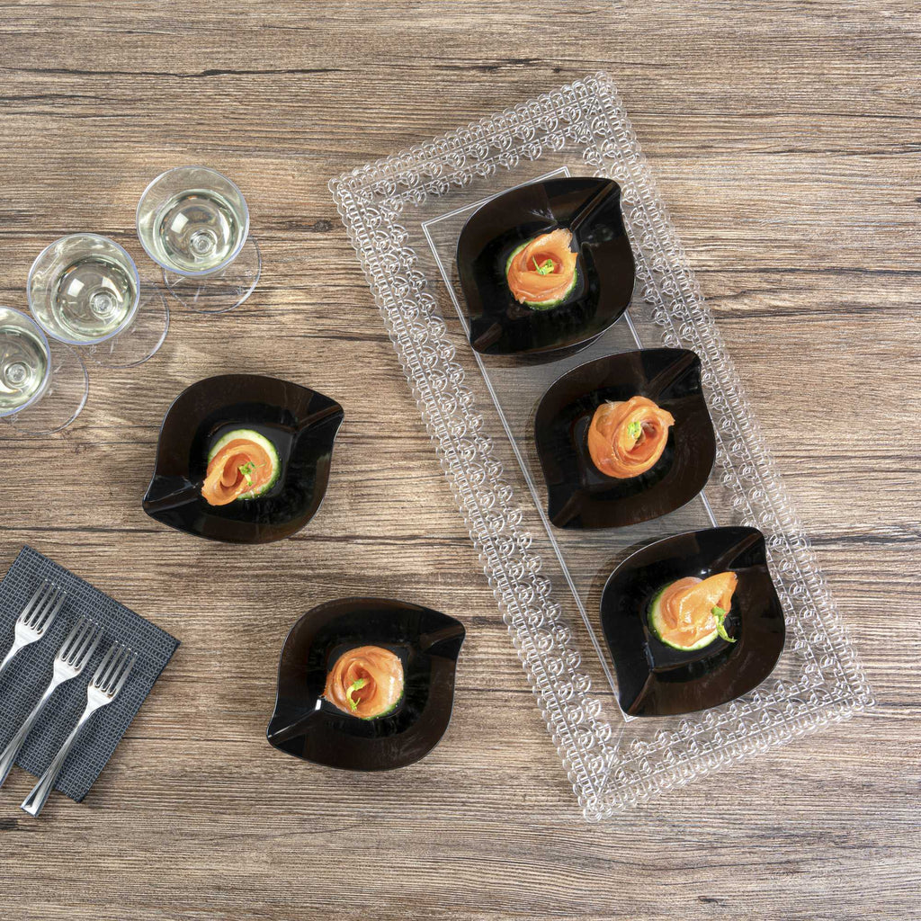 Mini Serve Square Black Plastic Comma Plate - 3 1/2" x 4 1/2" x 1" - 100 count box
