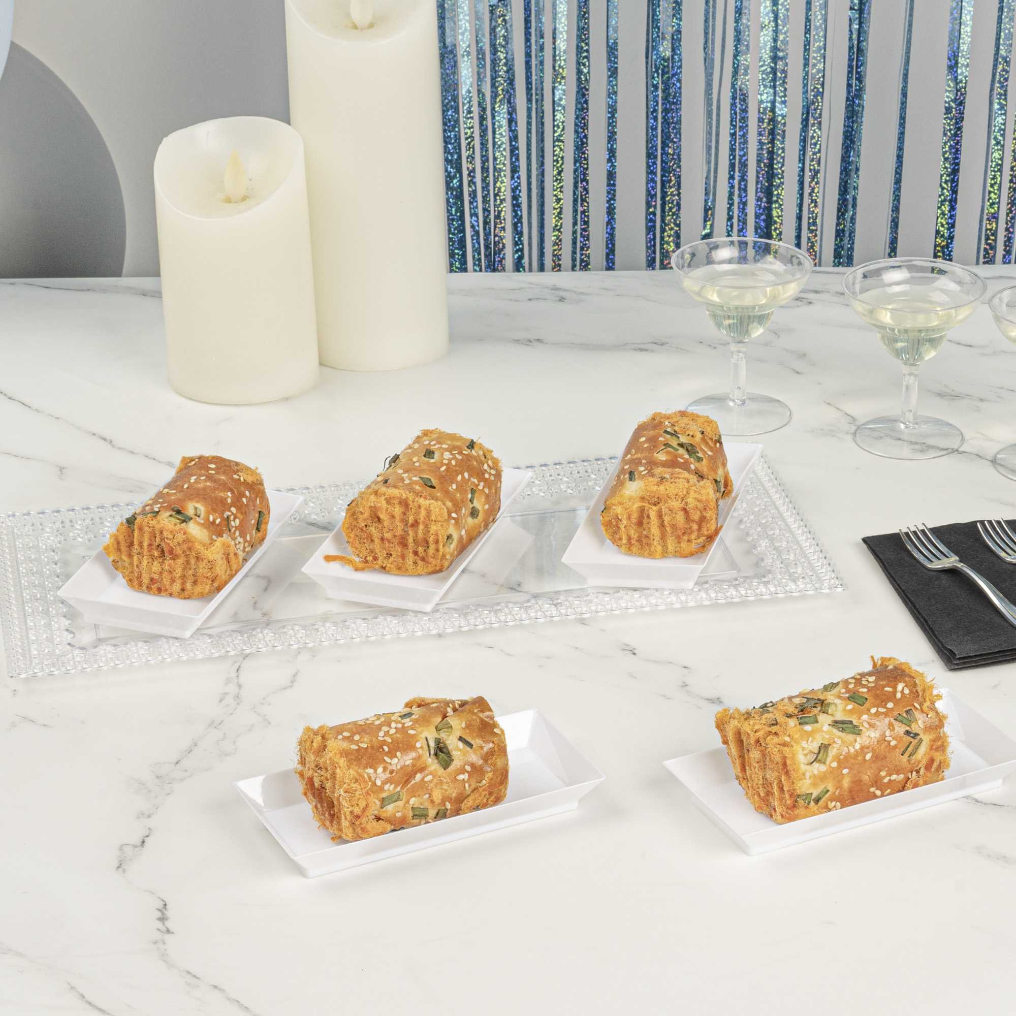 Mini Serve Rectangle White Plastic Plate - 5" x 2 1/2" x 1/2" - 100 count box