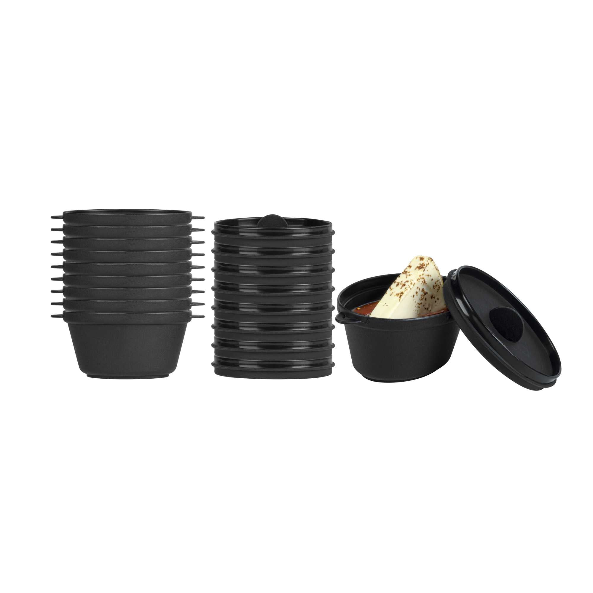 Mini Serve 3 oz Oval Black Plastic Mini Kettle Dish - 3" x 2 1/4" x 1 1/2" - 100 count box