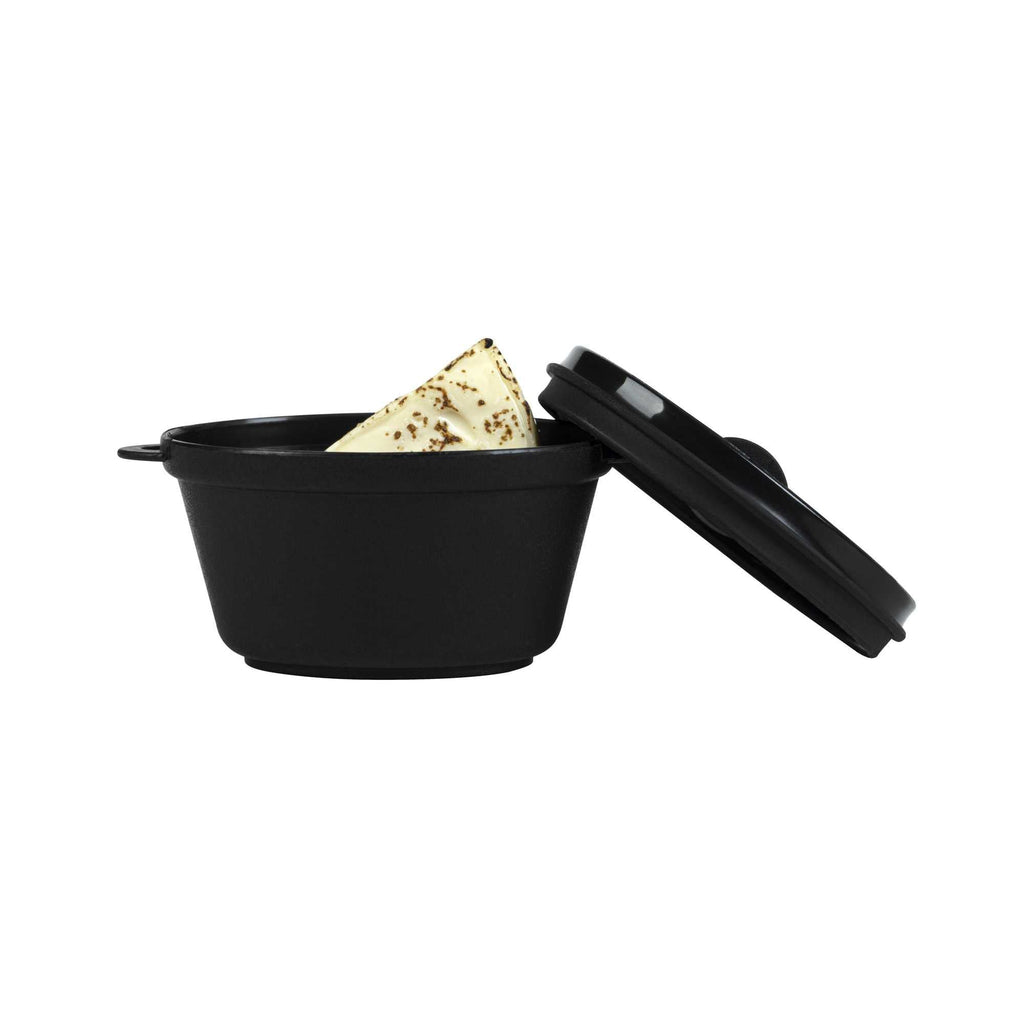 Mini Serve 3 oz Oval Black Plastic Mini Kettle Dish - 3" x 2 1/4" x 1 1/2" - 100 count box