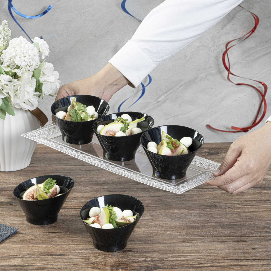 Mini Serve 7 oz Round Black Plastic Incline Bowl - 4 1/4" x 4 1/4" x 2 3/4" - 100 count box