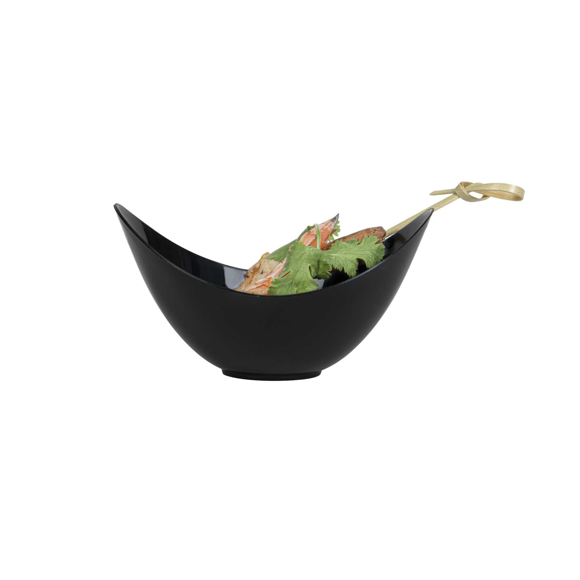Mini Serve 2 oz Oval Black Plastic Alato Tasting Dish - 3 1/2" x 2 3/4" x 1 3/4" - 100 count box
