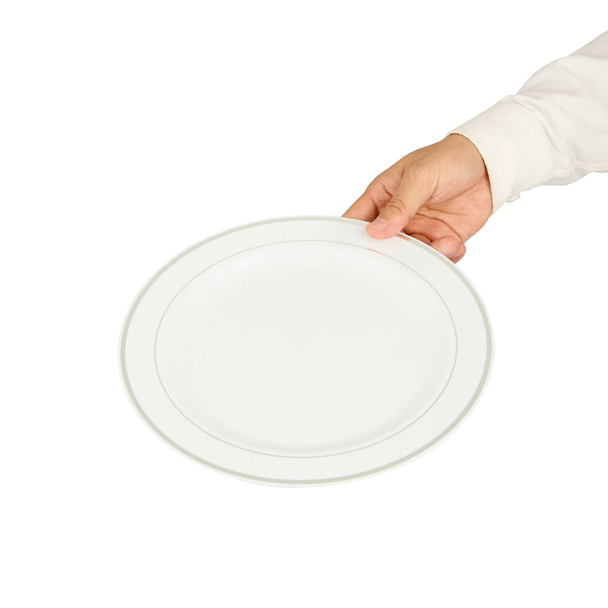 Maxi Serve Round White Plastic Silver-Rimmed Plate - 10 1/2" x 10 1/2" x 1/2" - 100 count box