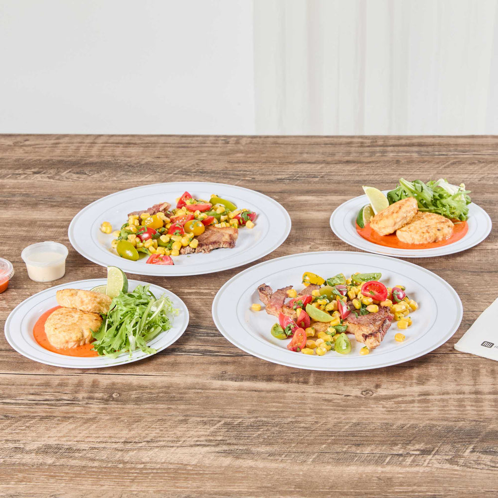 Maxi Serve Round White Plastic Silver-Rimmed Plate - 10 1/2" x 10 1/2" x 1/2" - 100 count box