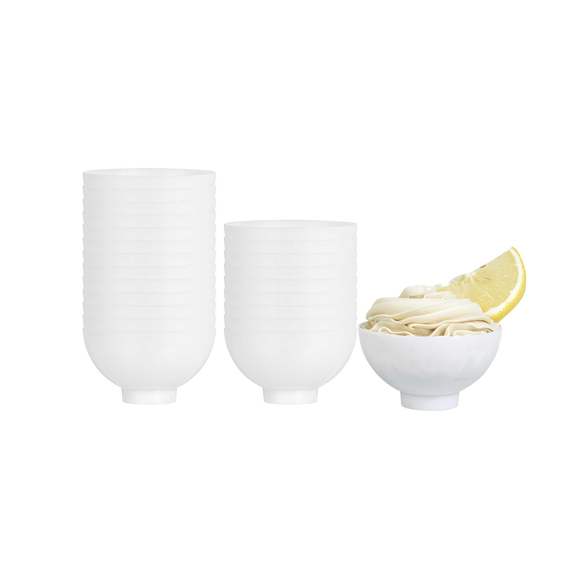 Mini Serve 2 oz Round White Plastic Coppa Bowl - 2 1/2" x 2 1/2" x 1" - 100 count box