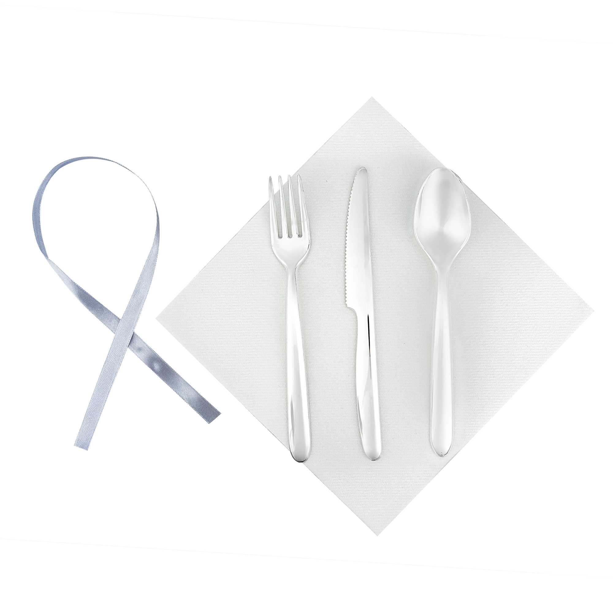 Moderna Silver Plastic Cutlery Set - with White Napkin, Silver Ribbon - 7 1/4" x 2" x 1 3/4" - 100 count box