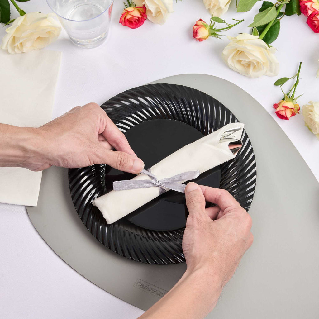 Moderna Silver Plastic Cutlery Set - with White Napkin, Silver Ribbon - 7 1/4" x 2" x 1 3/4" - 100 count box