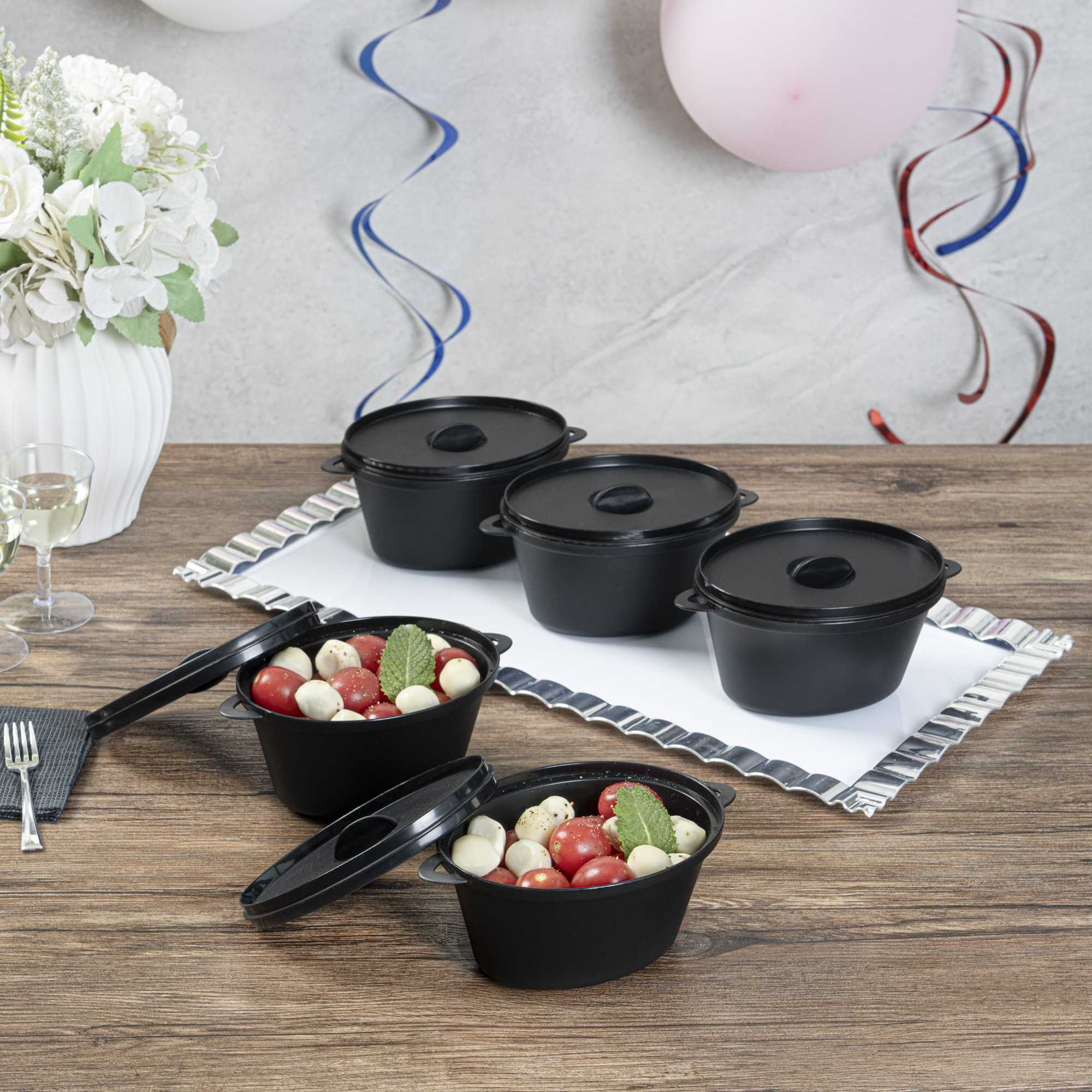 Mini Serve 12 oz Oval Black Plastic Large Kettle Dish - 6" x 4" x 2 3/4" - 100 count box