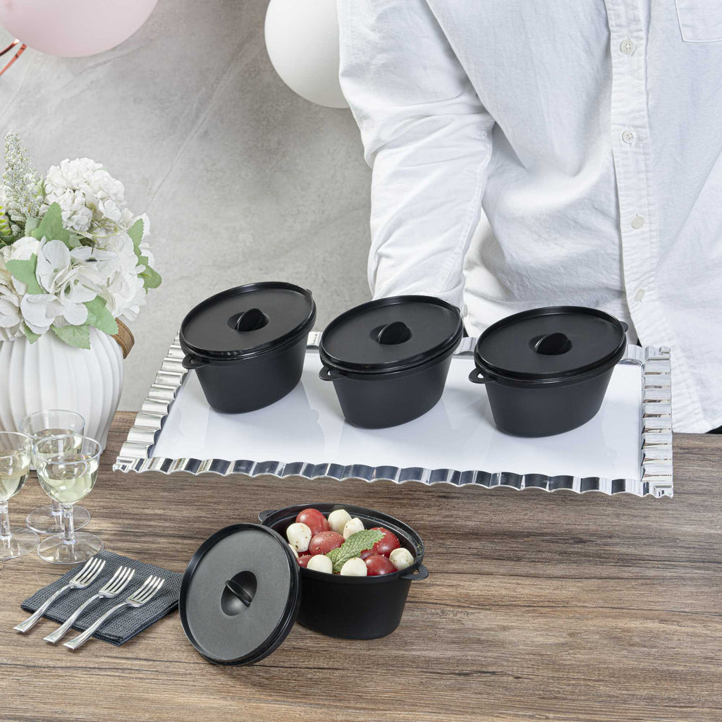 Mini Serve 12 oz Oval Black Plastic Large Kettle Dish - 6" x 4" x 2 3/4" - 100 count box