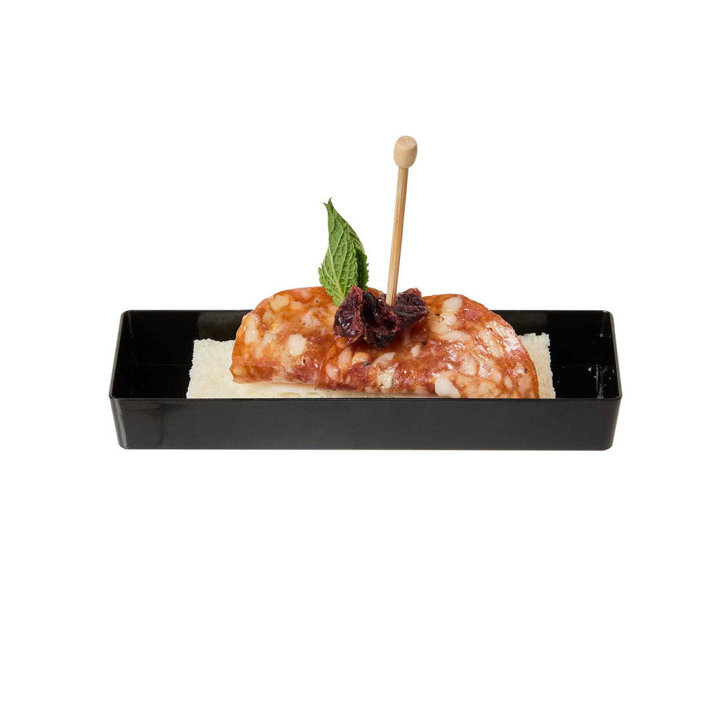 Mini Serve Rectangle Black Plastic Modern Plate - 5 1/4" x 1 3/4" x 3/4" - 100 count box