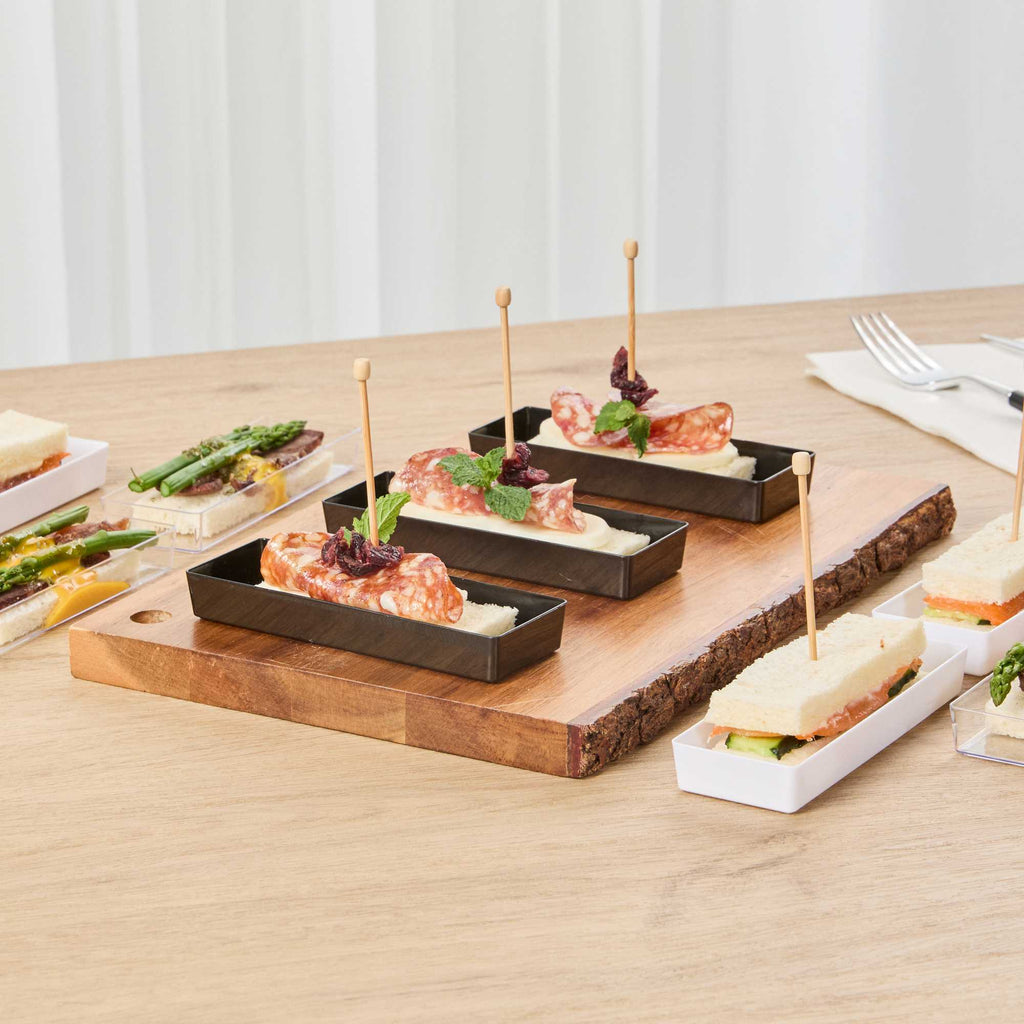 Mini Serve Rectangle Black Plastic Modern Plate - 5 1/4" x 1 3/4" x 3/4" - 100 count box