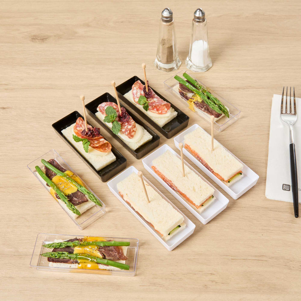 Mini Serve Rectangle White Plastic Modern Plate - 5 1/4" x 1 3/4" x 3/4" - 100 count box