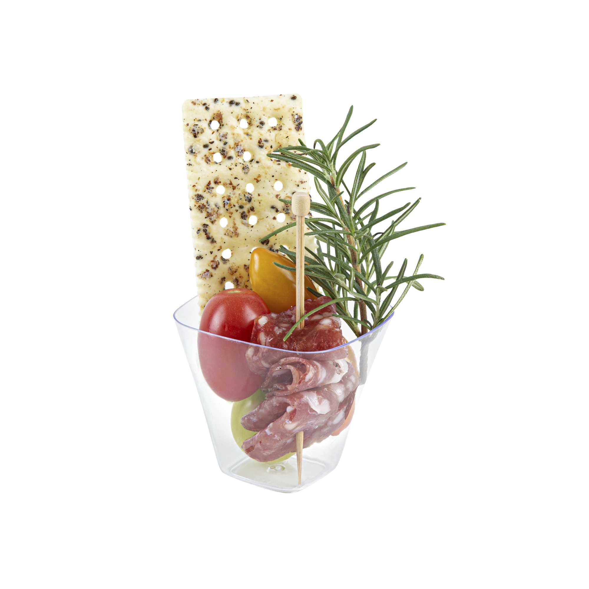 Mini Serve 4 oz Square Clear Plastic Bellissima Tasting Cup - 2 1/2" x 2 1/2" x 2 1/4" - 100 count box