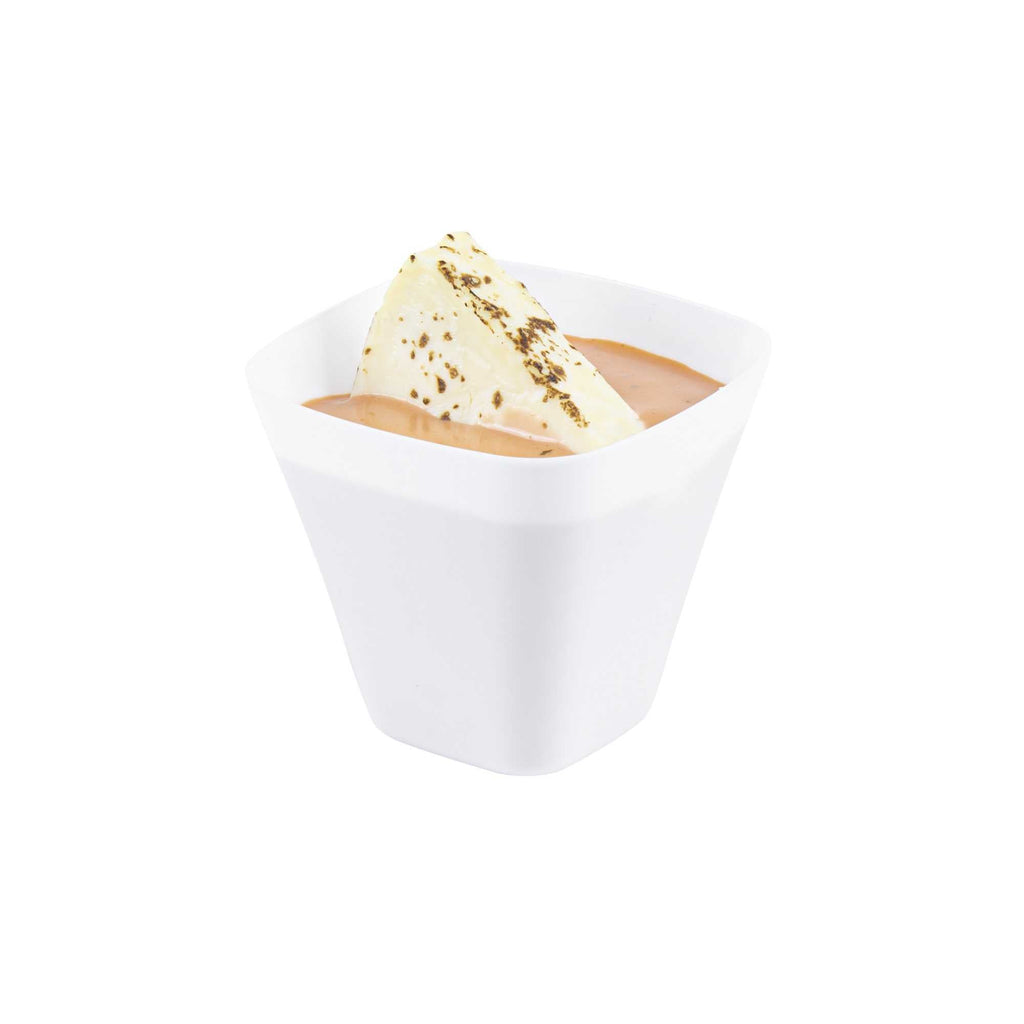 Mini Serve 4 oz Square White Plastic Bellissima Tasting Cup - 2 1/2" x 2 1/2" x 2 1/4" - 100 count box