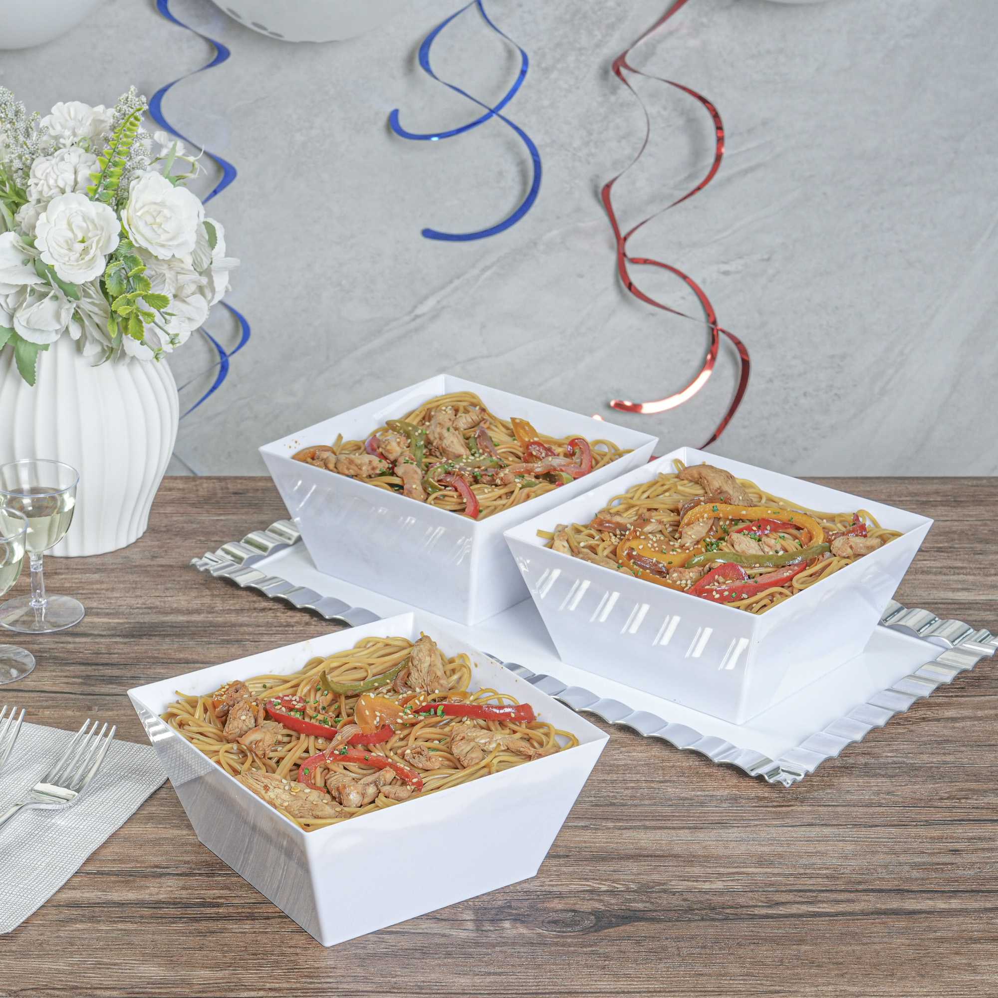 Maxi Serve 18 oz Square White Plastic Medium Modern Bowl - 6 3/4" x 6 3/4" x 3" - 25 count box