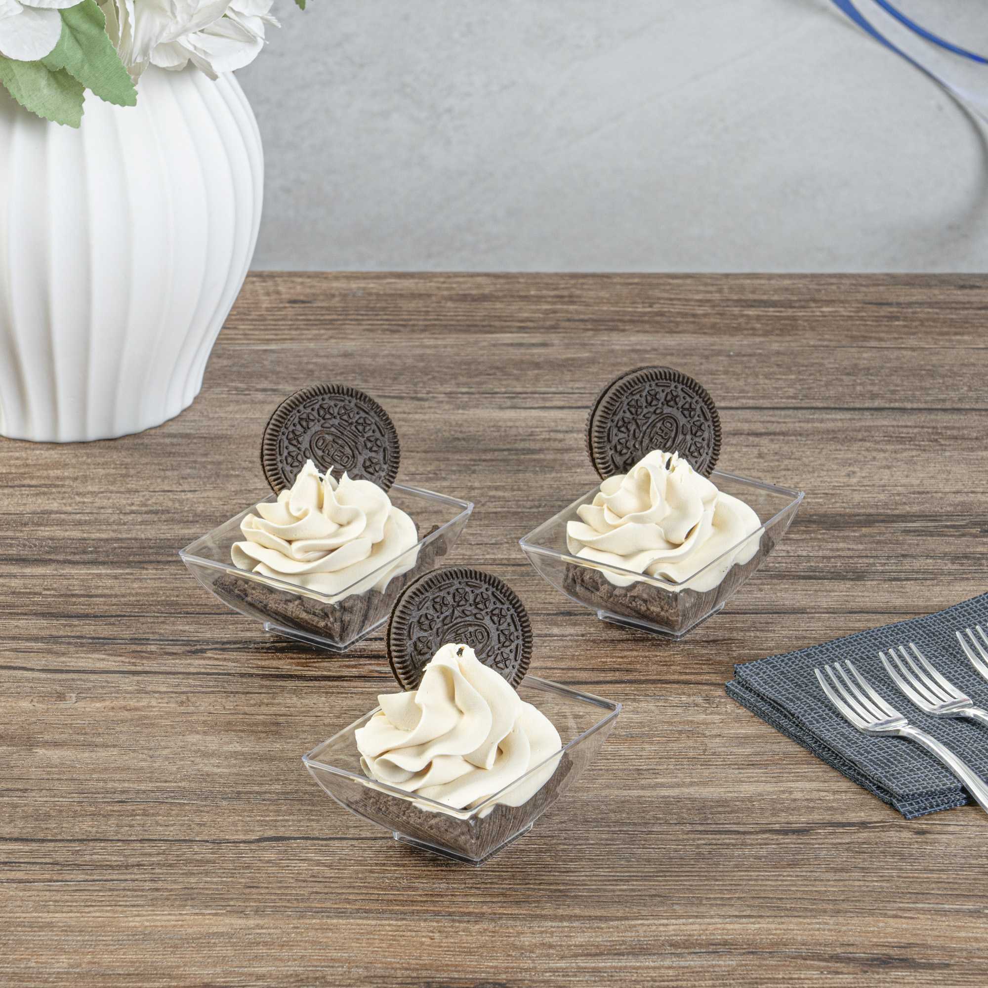 Mini Serve 3 oz Rectangle Clear Plastic Small Architetto Bowl - 3 1/4" x 2 1/4" x 1 1/4" - 100 count box