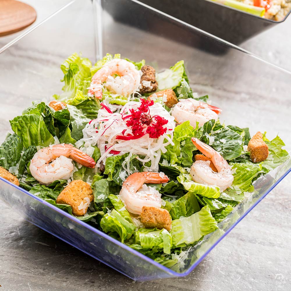 Maxi Serve 160 oz Square Clear Plastic Large Modern Serving Bowl - 11" x 11" x 4 1/2" - 25 count box