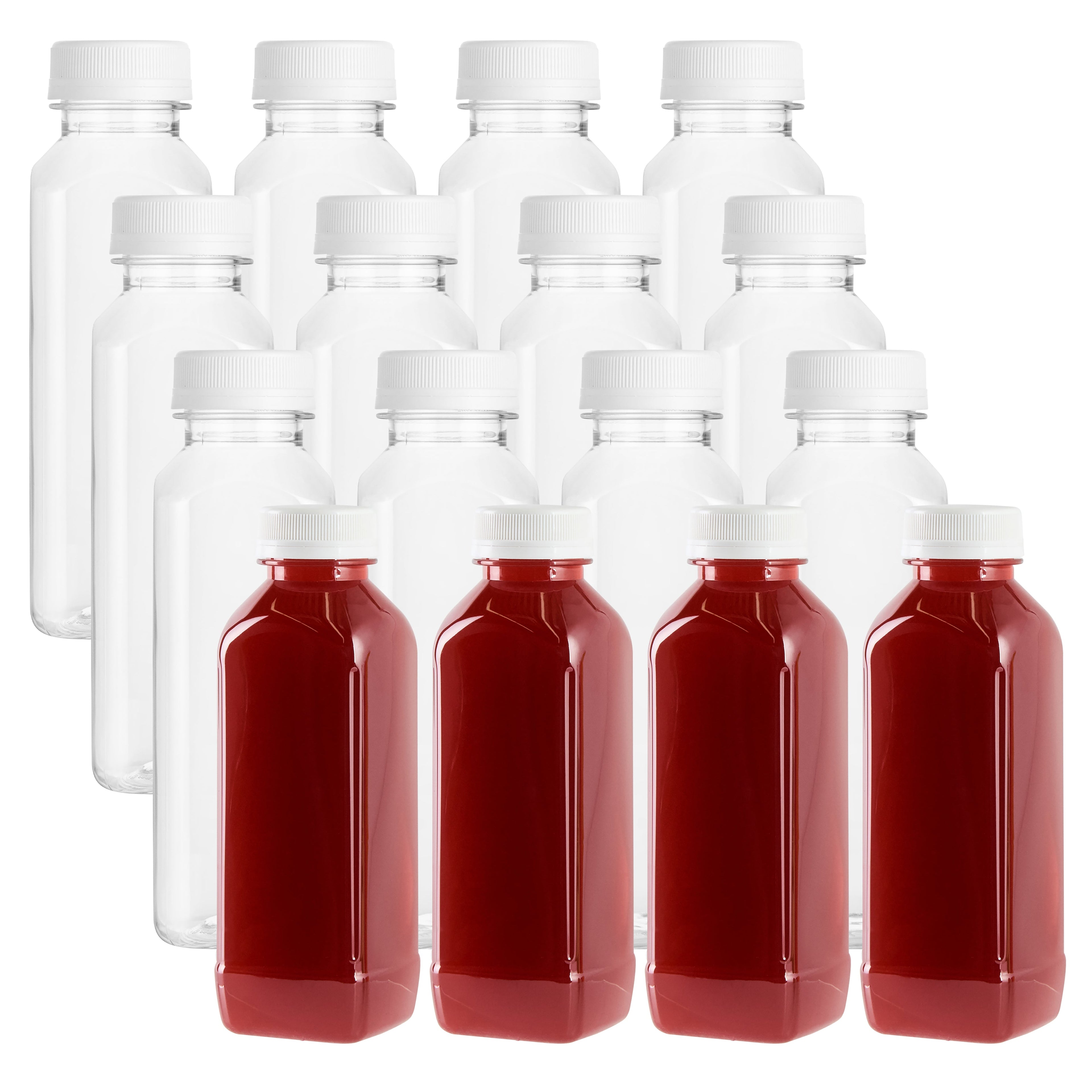 Bottle Tek 16 oz Square Clear Plastic Cold Pressed Juice Bottle - with Safety Cap - 2 1/4" x 2 1/4" x 7" - 100 count box
