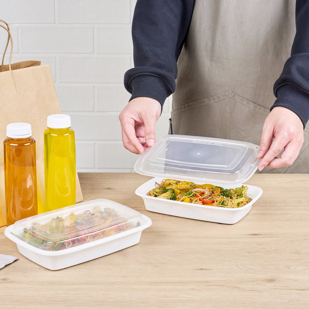 Asporto 28 oz Rectangle White Plastic To Go Box - with Clear Lid, Microwavable - 8 3/4" x 6" x 1 1/2" - 100 count box