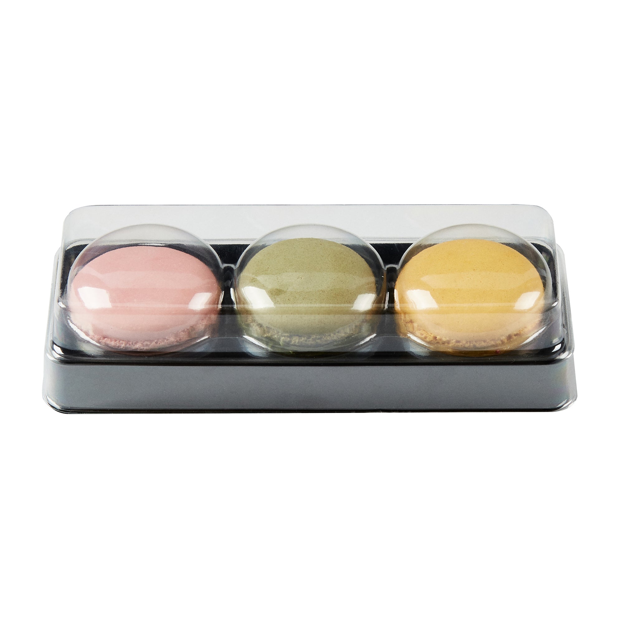 Shock Safe Rectangle Black Plastic Macaron Take Out Box - Fits 3 Macarons - 5 3/4" x 2 1/4" x 1 1/2" - 100 count box