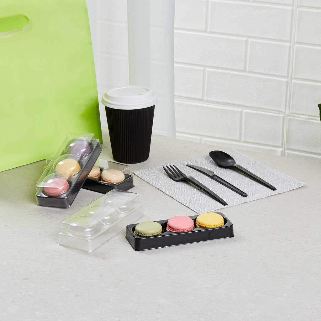 Shock Safe Rectangle Black Plastic Macaron Take Out Box - Fits 3 Macarons - 5 3/4" x 2 1/4" x 1 1/2" - 100 count box