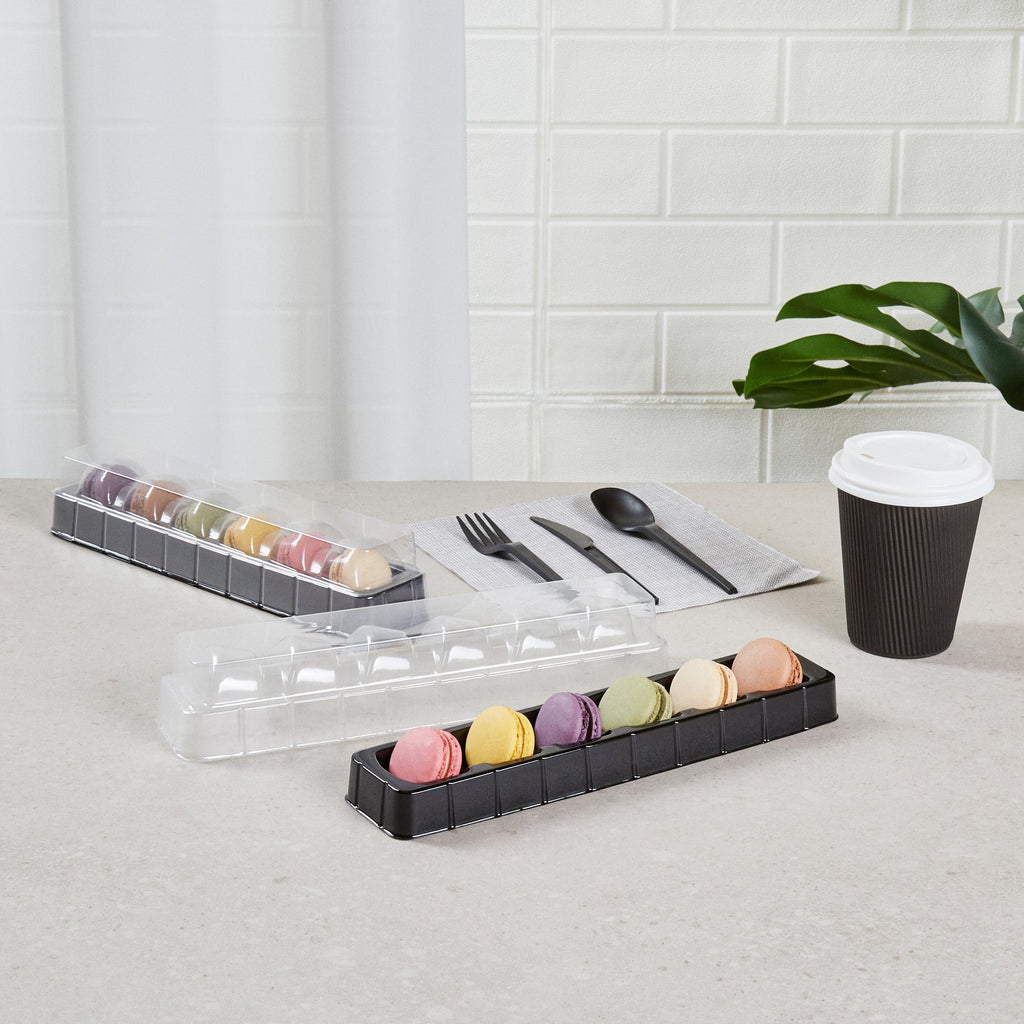Shock Safe Rectangle Black Plastic Macaron Take Out Box - Fits 6 Macarons - 11" x 2 1/2" x 2" - 100 count box