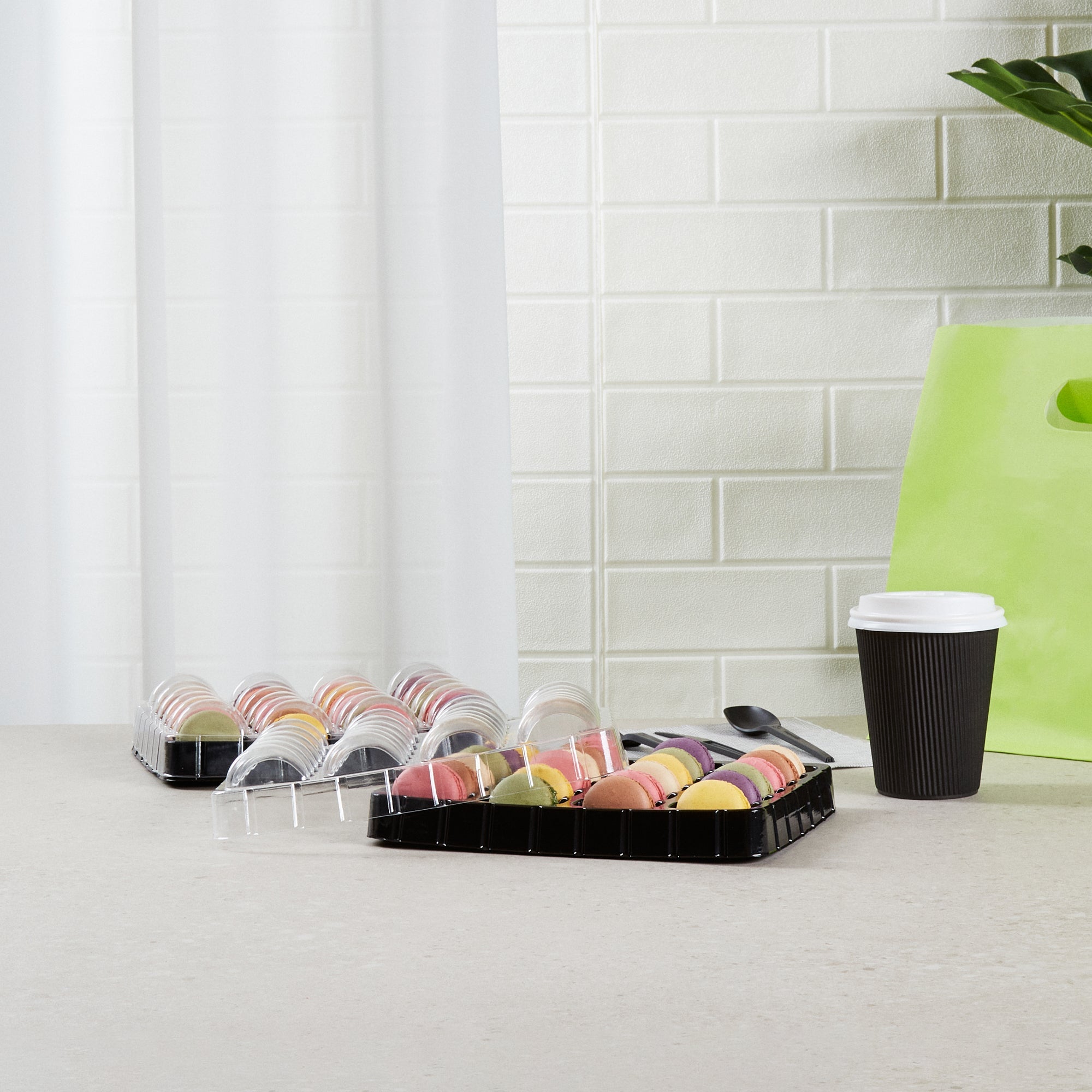 Shock Safe Rectangle Black Plastic Macaron Take Out Box - Fits 24 Macarons - 11" x 9" x 2" - 100 count box