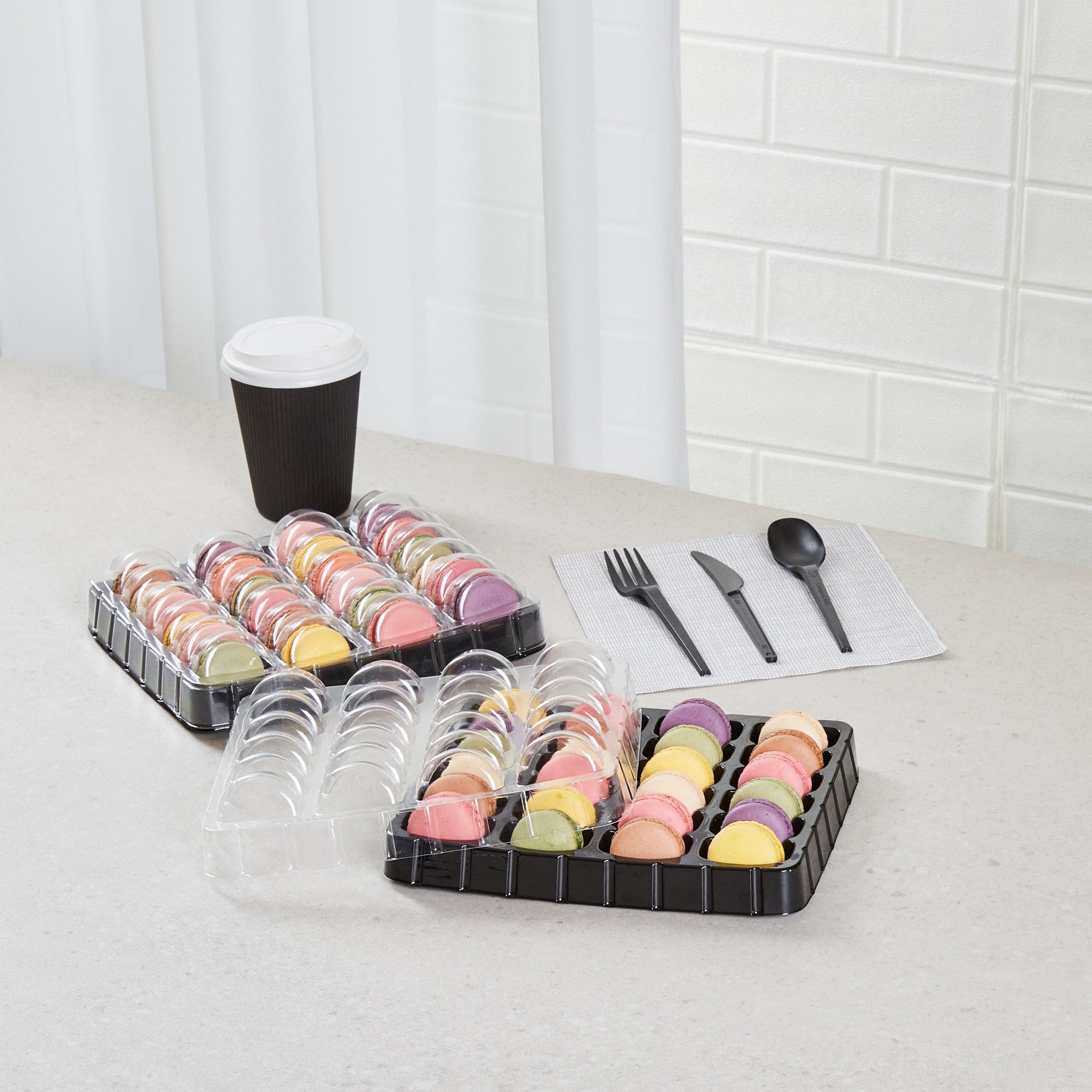 Shock Safe Rectangle Black Plastic Macaron Take Out Box - Fits 24 Macarons - 11" x 9" x 2" - 100 count box