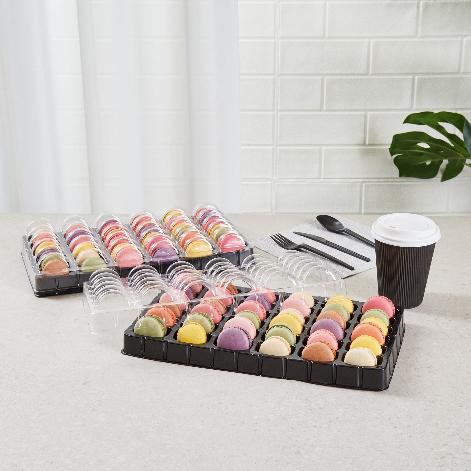 Shock Safe Rectangle Black Plastic Macaron Take Out Box - Fits 36 Macarons - 13 1/4" x 11" x 2" - 100 count box