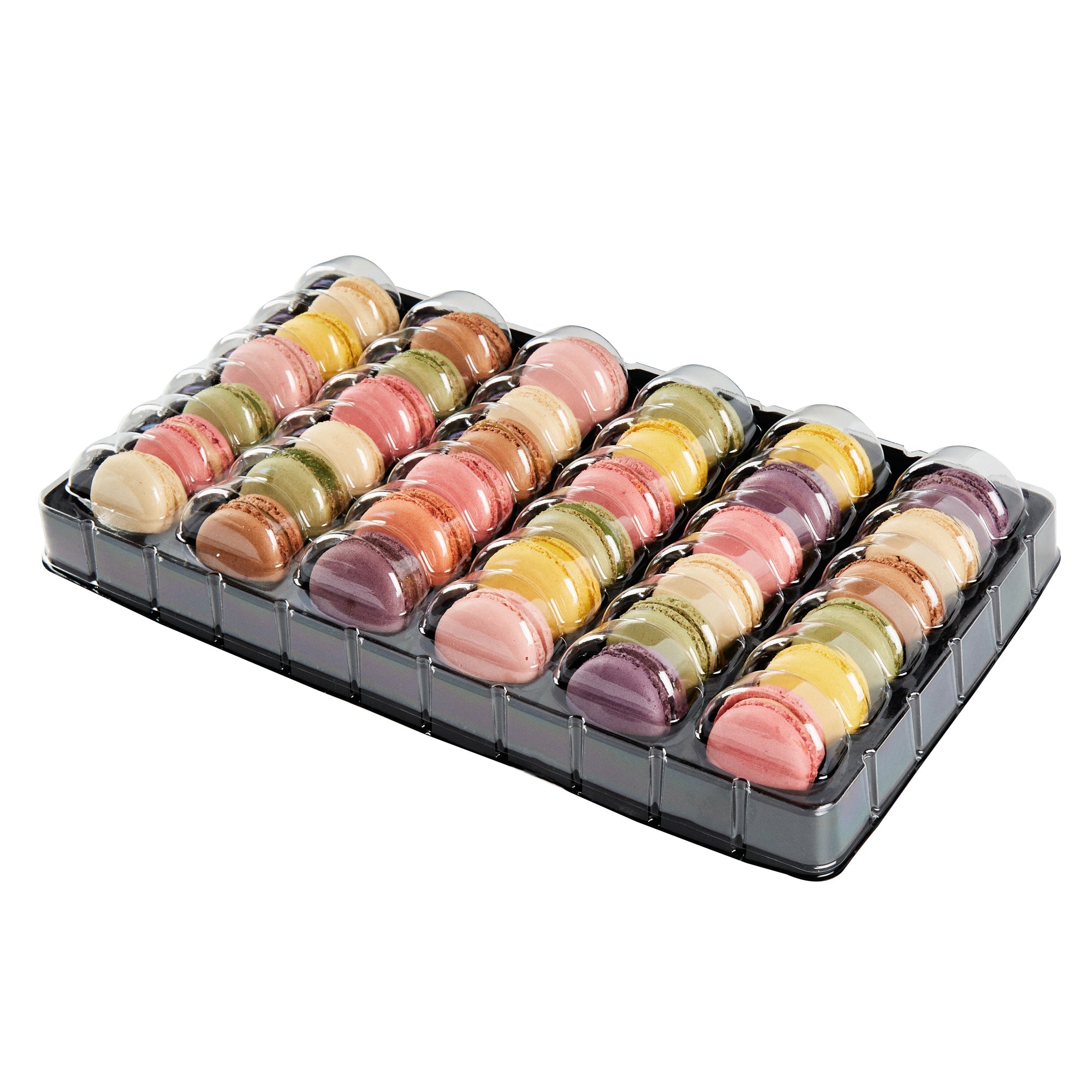 Shock Safe Rectangle Black Plastic Macaron Take Out Box - Fits 36 Macarons - 13 1/4" x 11" x 2" - 100 count box