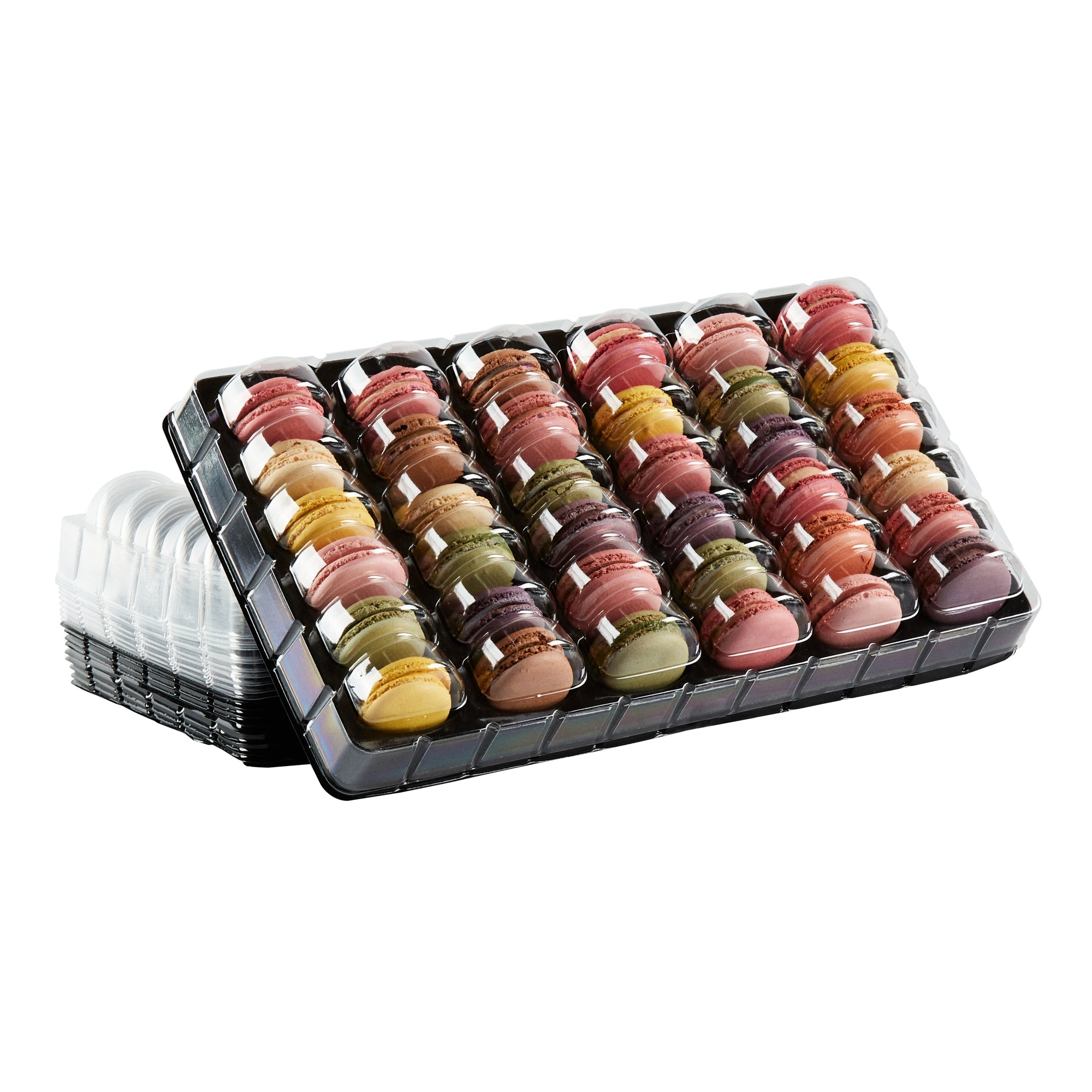 Shock Safe Rectangle Black Plastic Macaron Take Out Box - Fits 36 Macarons - 13 1/4" x 11" x 2" - 100 count box