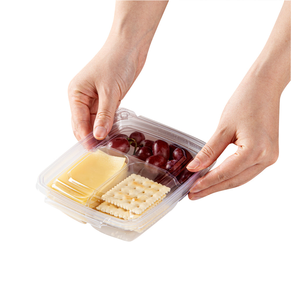 Tamper Tek 11 oz Rectangle Clear Plastic Container - with Lid, Tamper-Evident, 3 Compartments - 7" x 5 1/2" x 1 1/2" - 100 count box