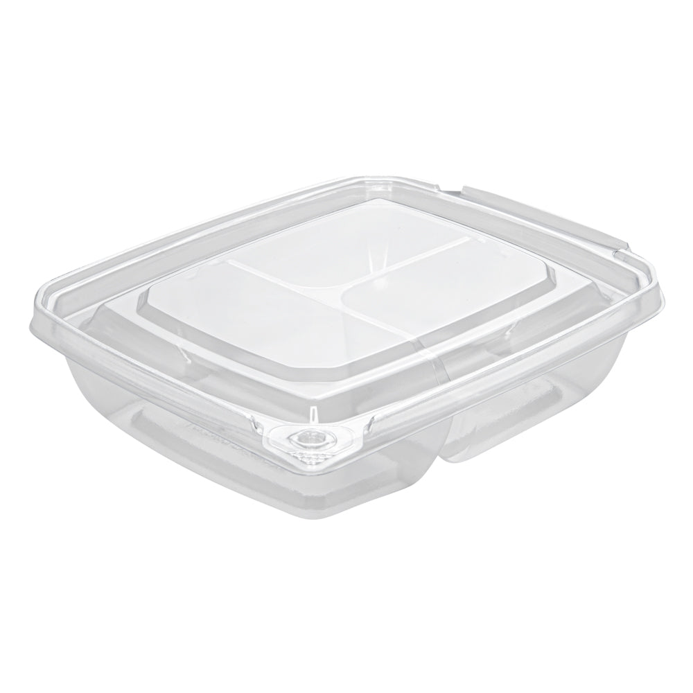 Tamper Tek 11 oz Rectangle Clear Plastic Container - with Lid, Tamper-Evident, 3 Compartments - 7" x 5 1/2" x 1 1/2" - 100 count box